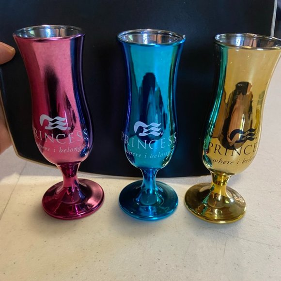 Princess Cruise Line Logo Glass Shot Glasses Set of 3 Pink Blue Gold - Picture 1 of 6